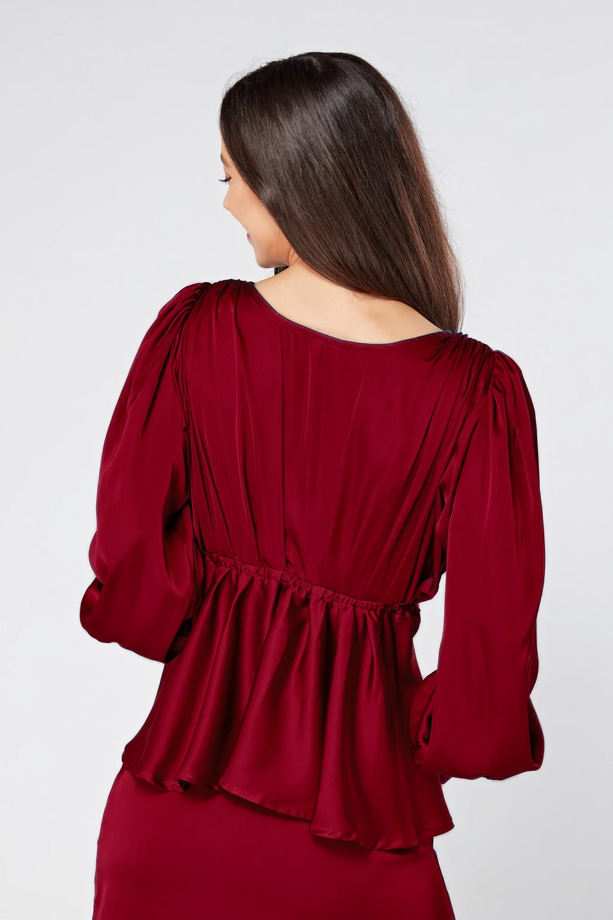 Elisa Deep Red Satin Buttoned Blouse
