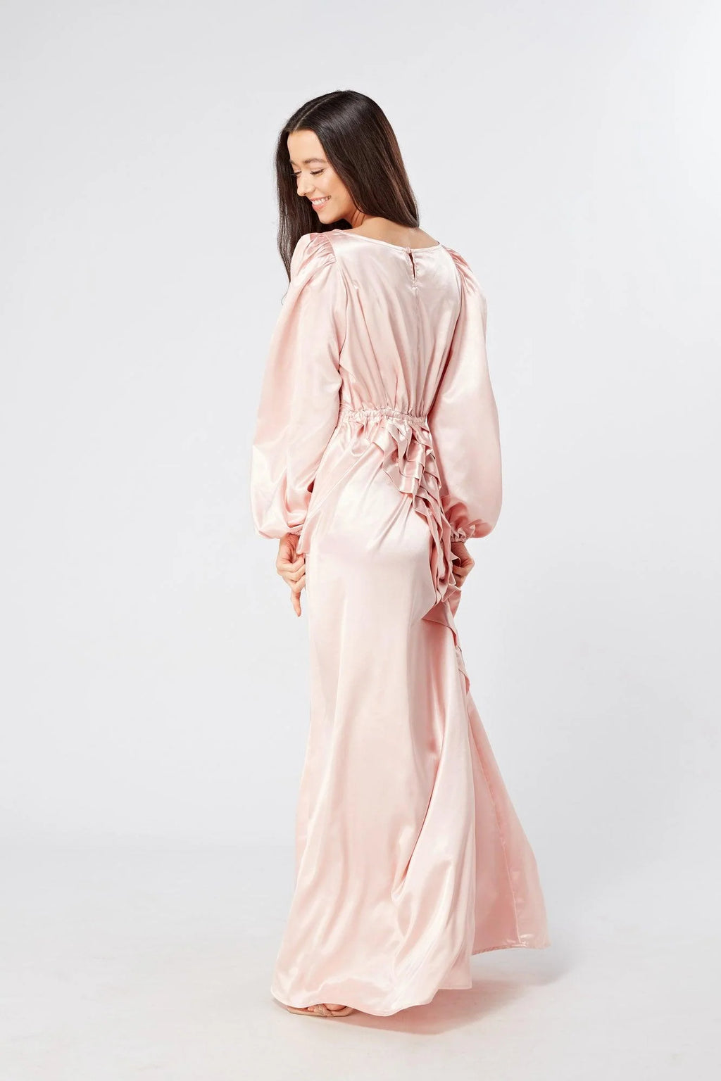 Seraphina Pink Satin Maxi Dress With Long Sleeves