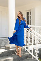 Azurine Cobalt Blue Satin Feel Midi Dress With Long Sleeves