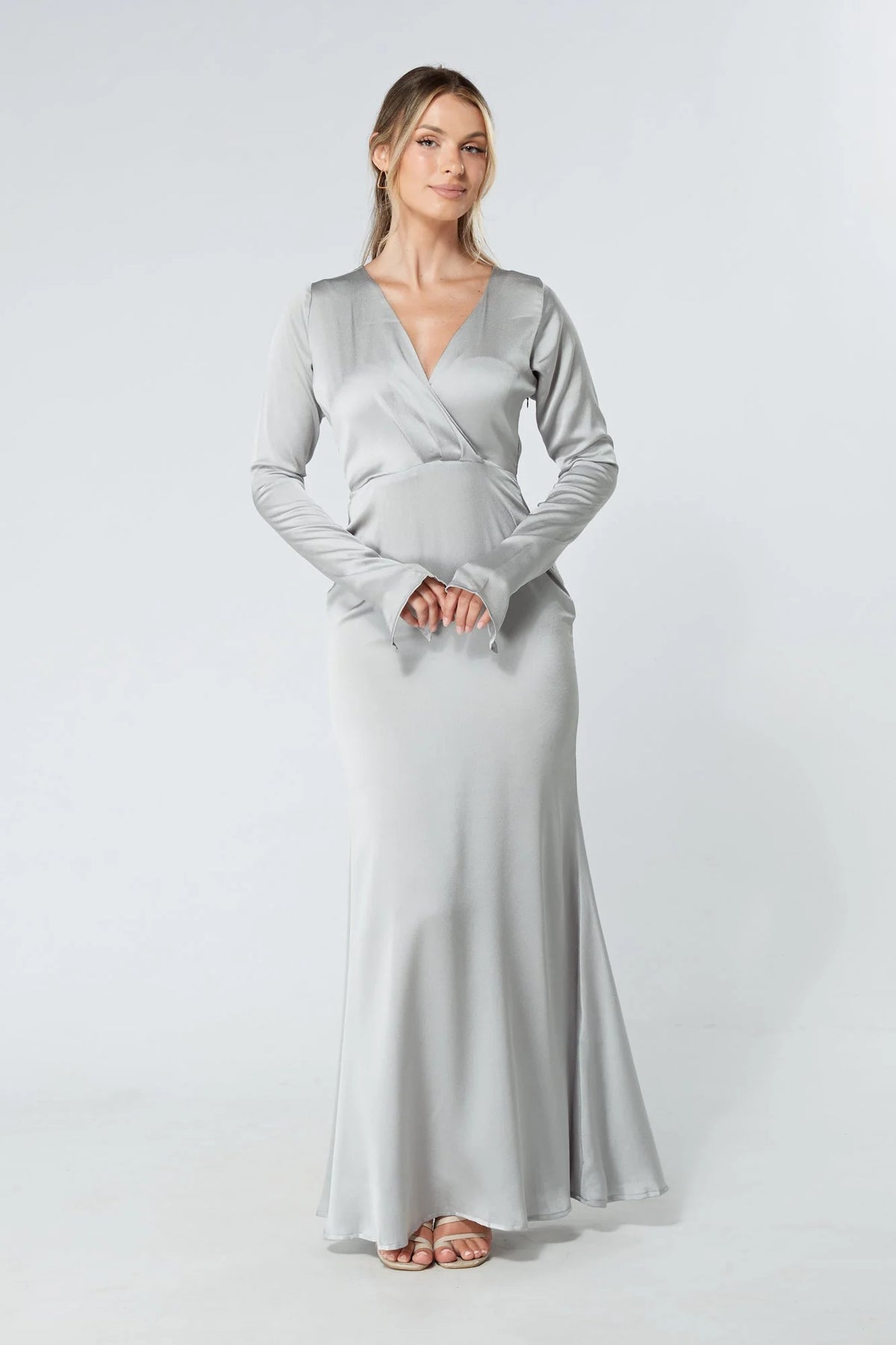 Alessandra Silver Satin Crepe Maxi Dress