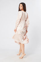 Rosetta Rose Satin Midi Dress With Long Sleeves