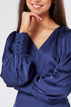 Afina Dark Blue Satin Maxi Dress With Long Sleeves