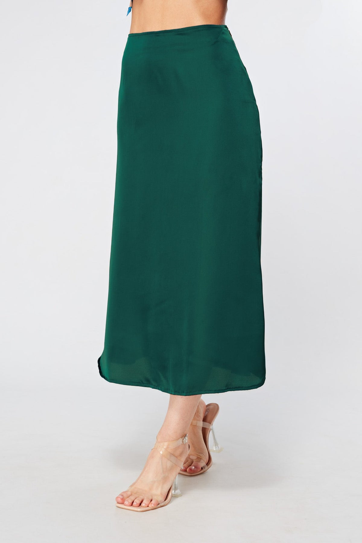 Elisa Dark Green Satin Midi Skirt