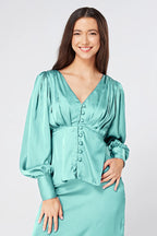 Elisa Aqua Crepe Satin Buttoned Blouse