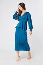Elisa blue satin midi skirt