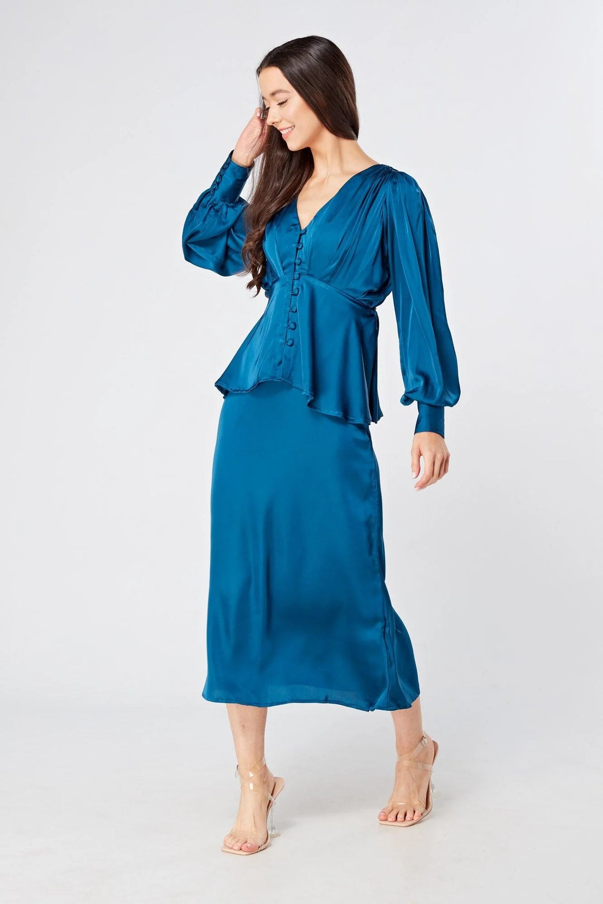 Elisa blue satin midi skirt