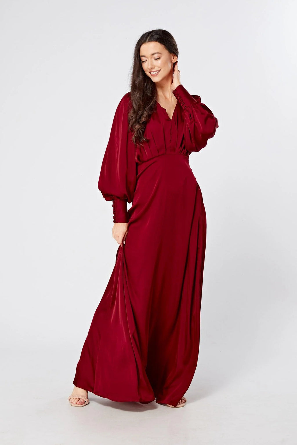 Norina Deep Red Satin Maxi Dress With Long Sleeves