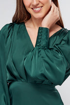 Layla Emerald Green Satin Maxi Dress With Long Sleeves
