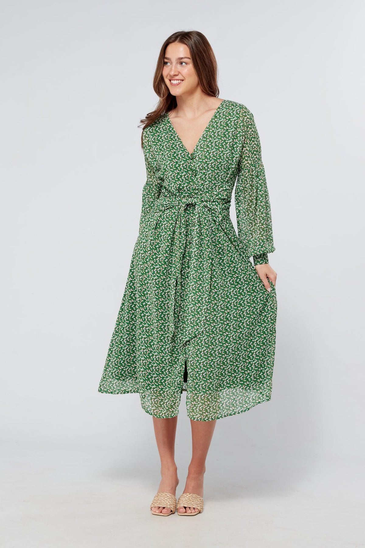 Sofia Green Midi Dress With Belted Front