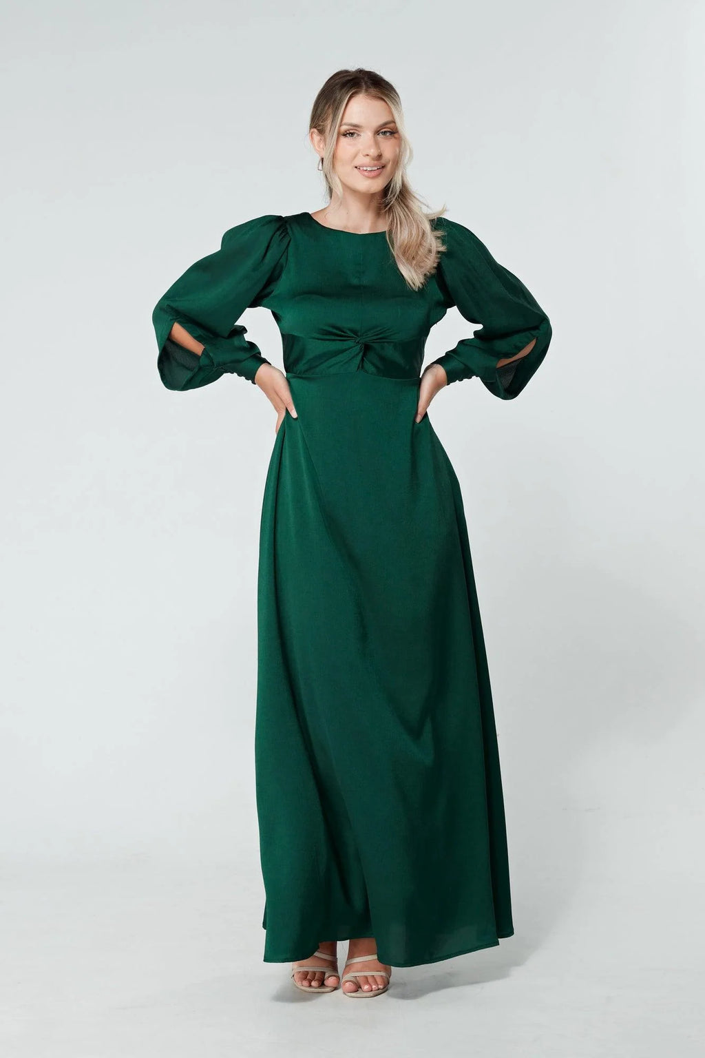 Lila Dark Green Knotted Front Soft Crepe Maxi Dress
