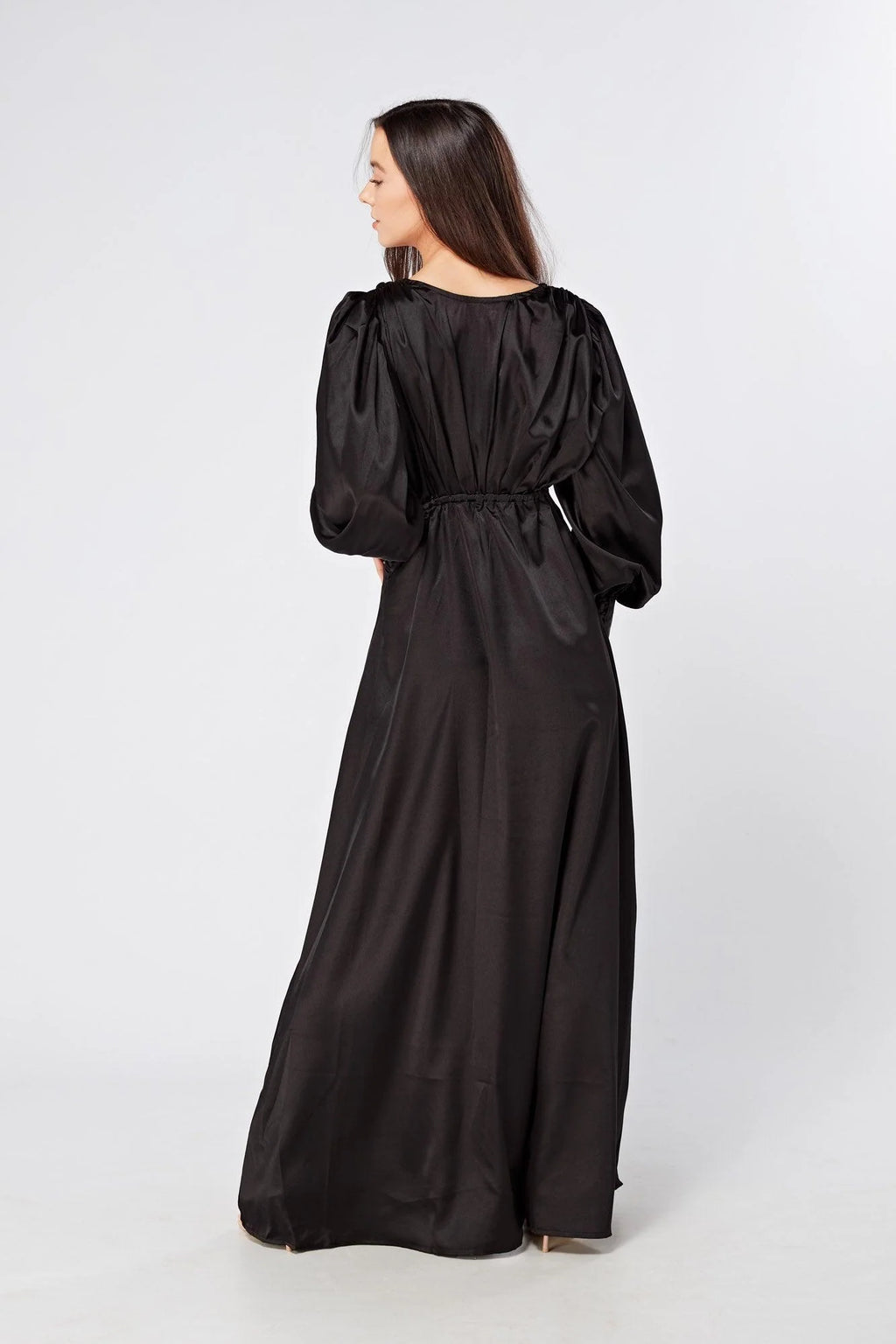 Colette Black Satin Maxi Gown with long sleeves