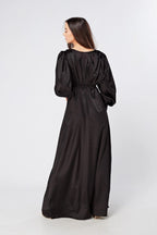 Colette Black Satin Maxi Gown with long sleeves