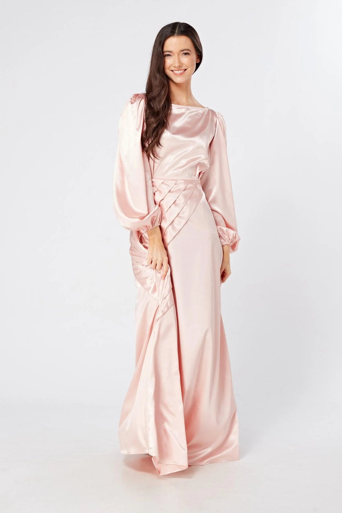 Seraphina Pink Satin Maxi Dress With Long Sleeves