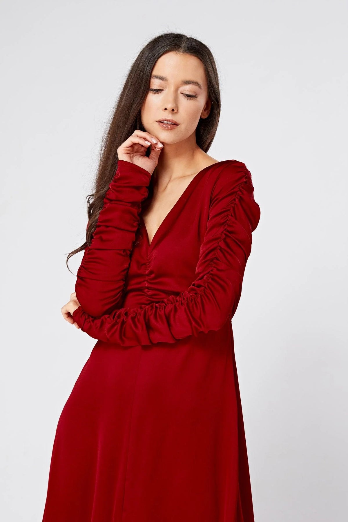 Ella Red Crepe Maxi Dress With Ruched Detail