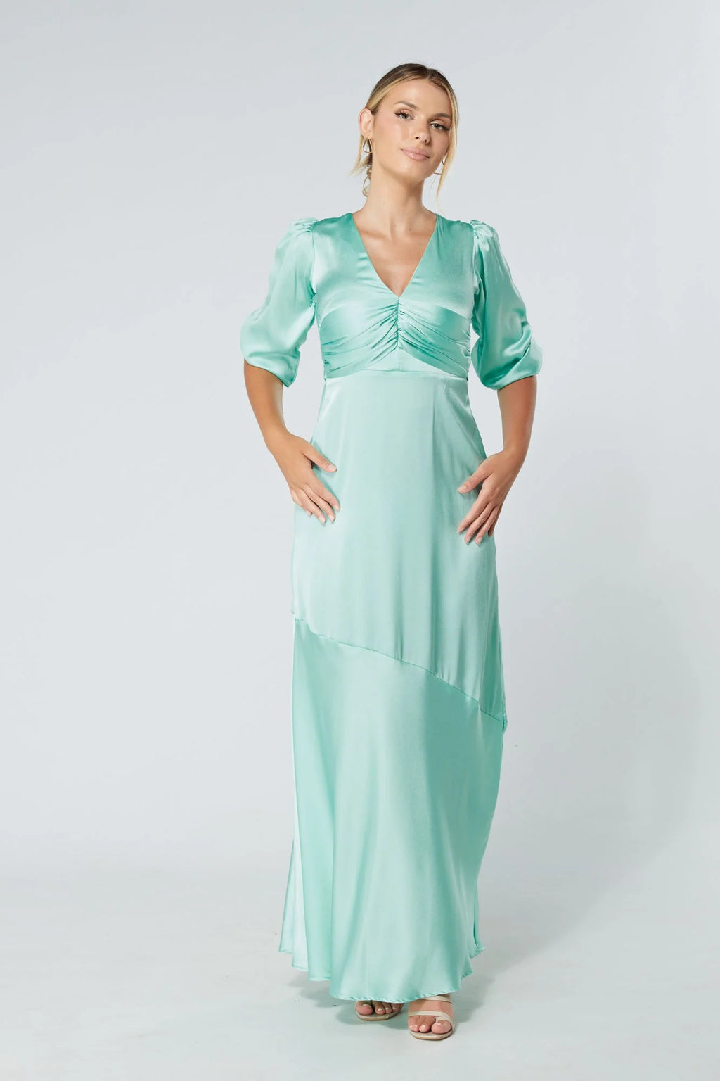 Naomi Aqua Satin Maxi Dress