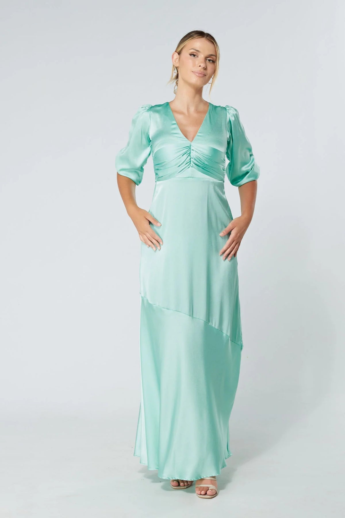 Naomi Aqua Satin Maxi Dress