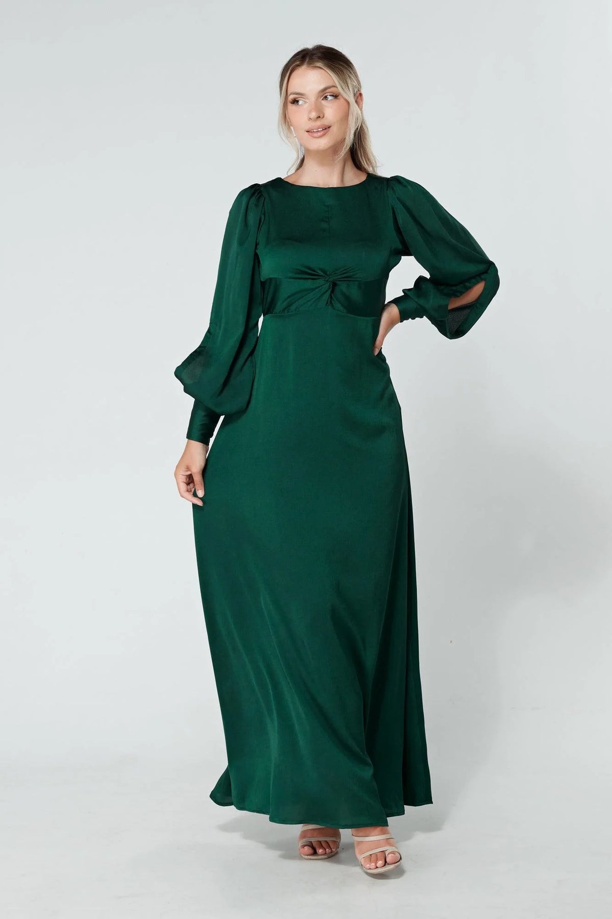 Lila Dark Green Knotted Front Soft Crepe Maxi Dress