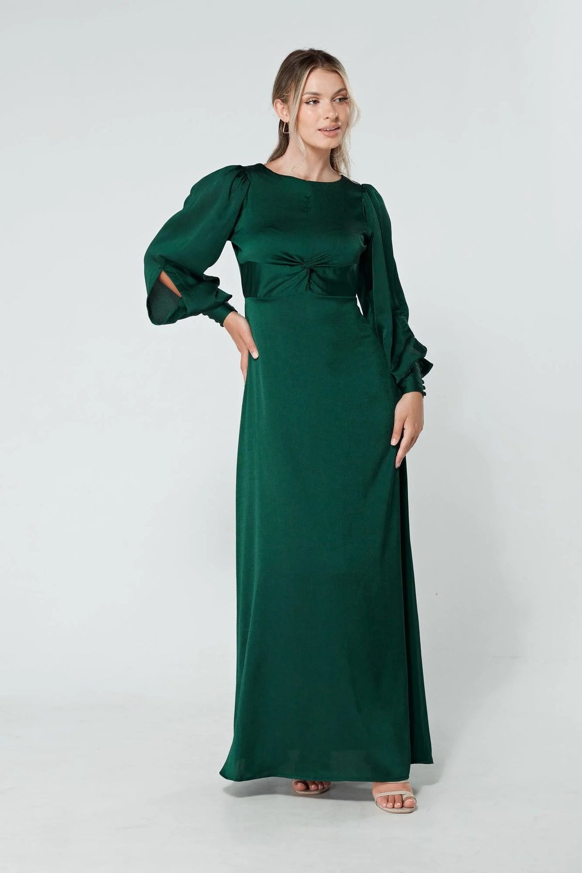 Lila Dark Green Knotted Front Soft Crepe Maxi Dress