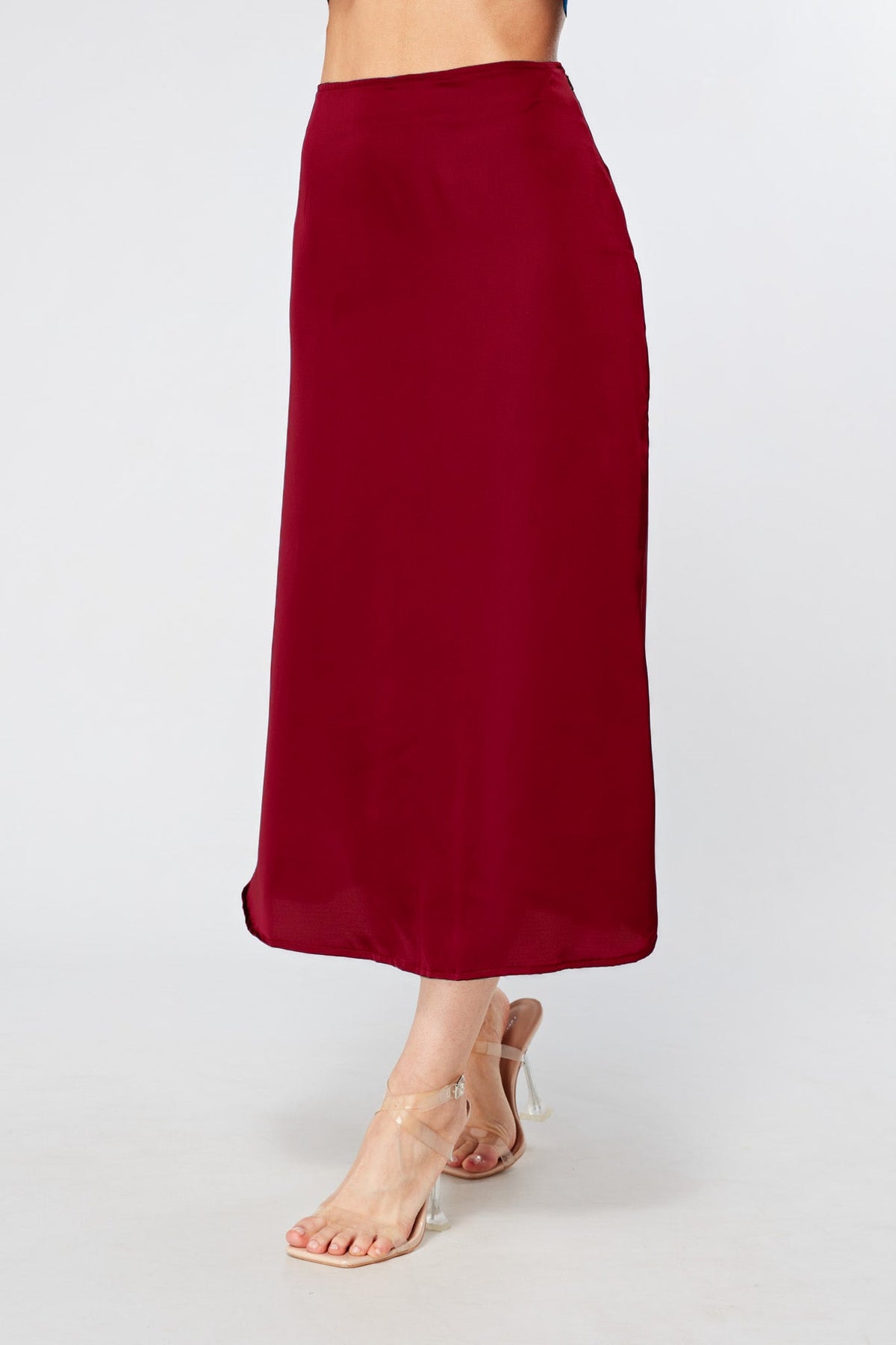 Elisa Deep Red Satin Midi Skirt
