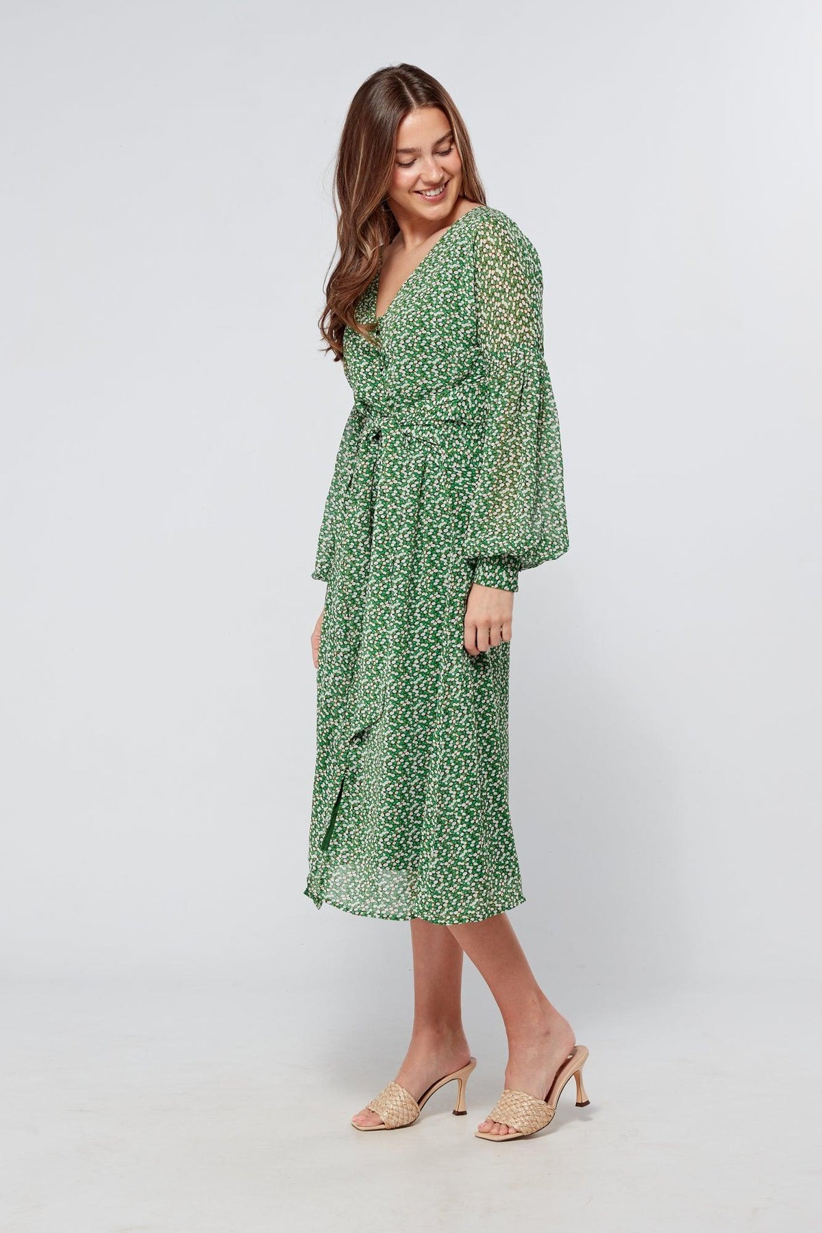 Sofia Green Midi Dress With Belted Front