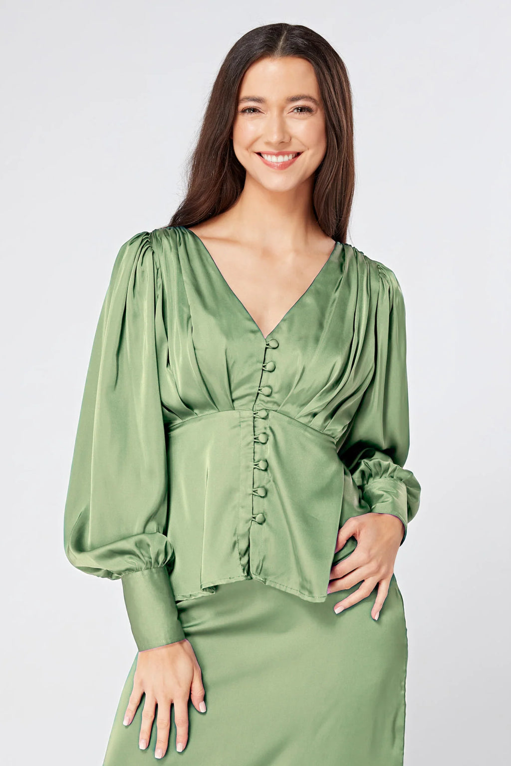 Elisa Olive Green Crepe Satin Buttoned Blouse