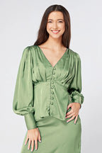Elisa Olive Green Crepe Satin Buttoned Blouse