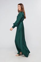Layla Emerald Green Satin Maxi Dress With Long Sleeves