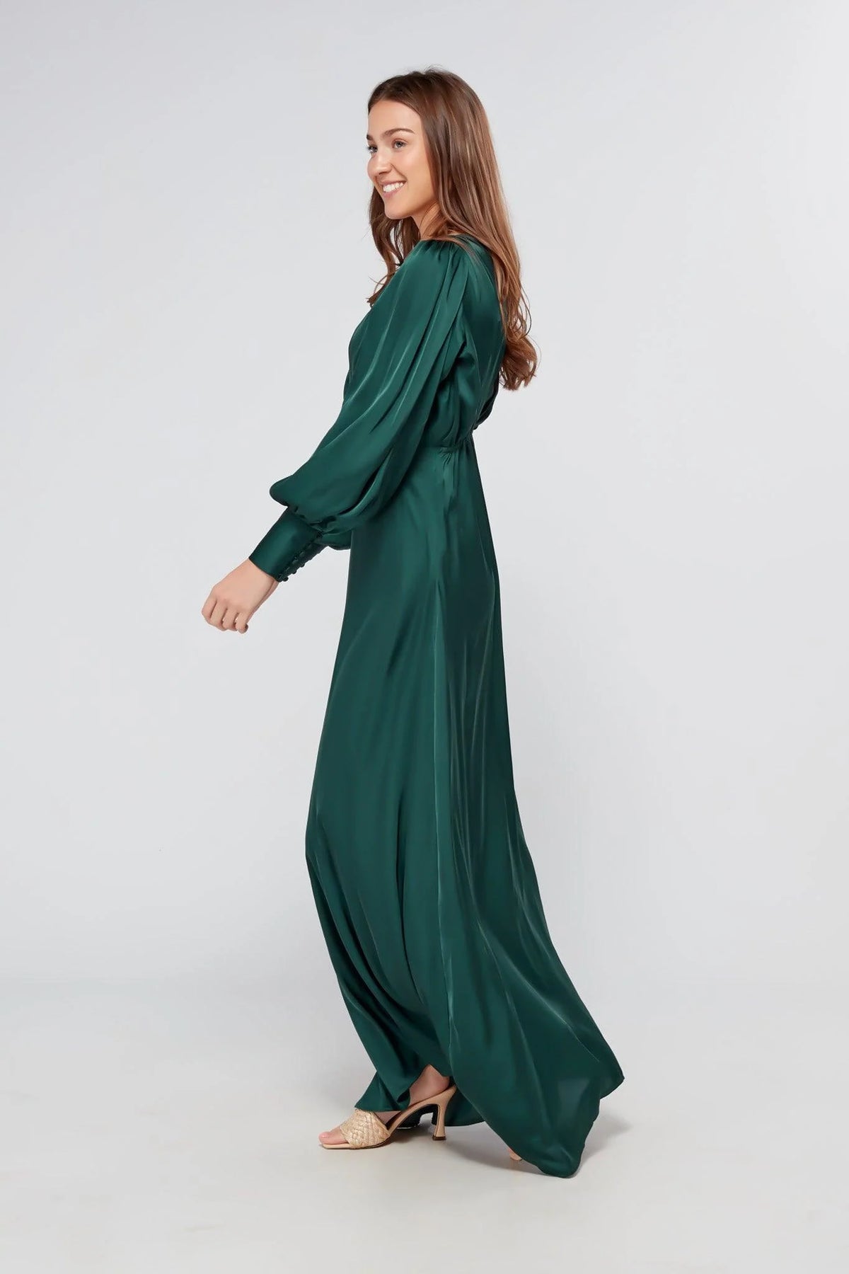 Layla Emerald Green Satin Maxi Dress With Long Sleeves