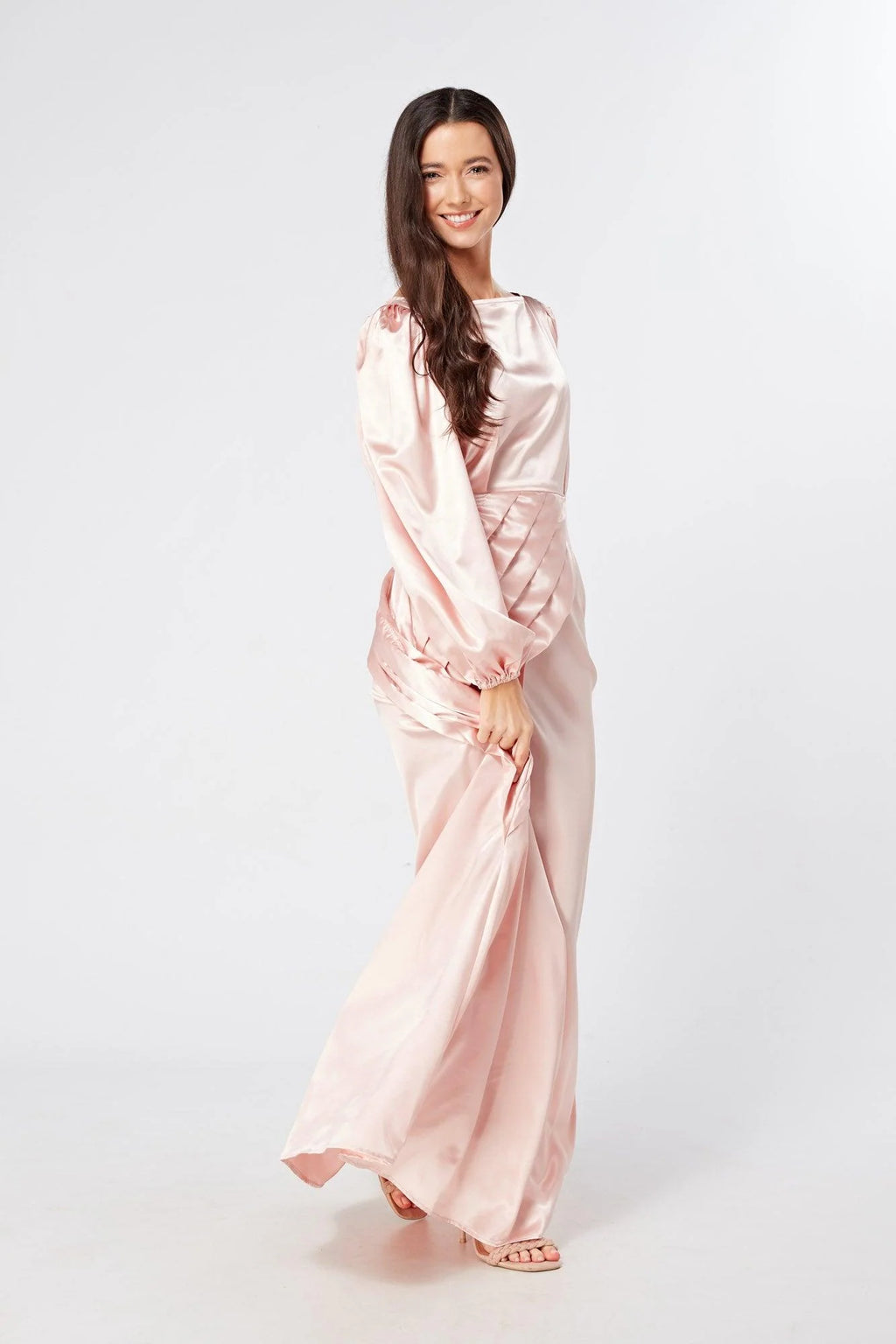 Seraphina Pink Satin Maxi Dress With Long Sleeves