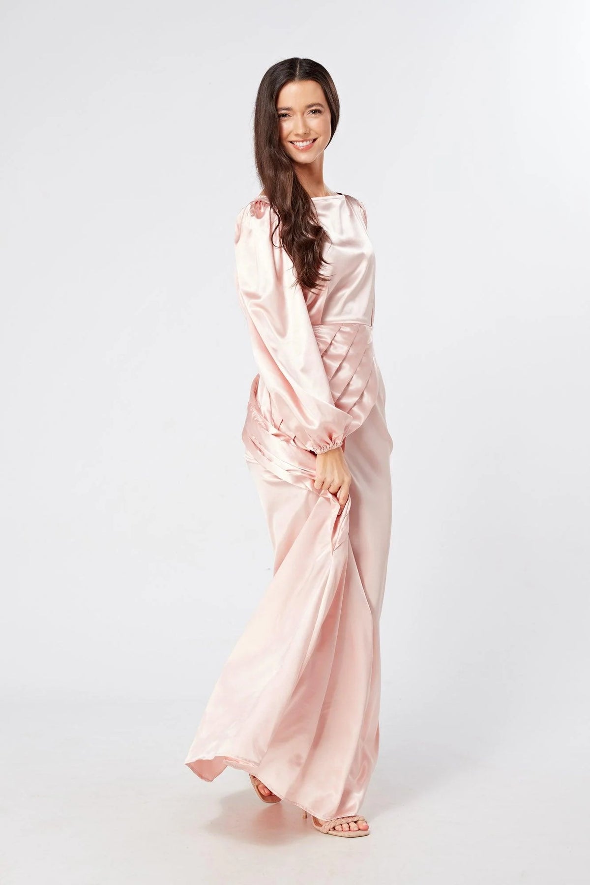 Seraphina Pink Satin Maxi Dress With Long Sleeves