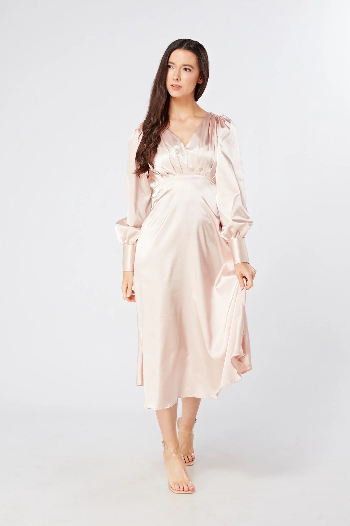 Rosetta Rose Satin Midi Dress With Long Sleeves