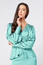 Elisa Aqua Crepe Satin Buttoned Blouse