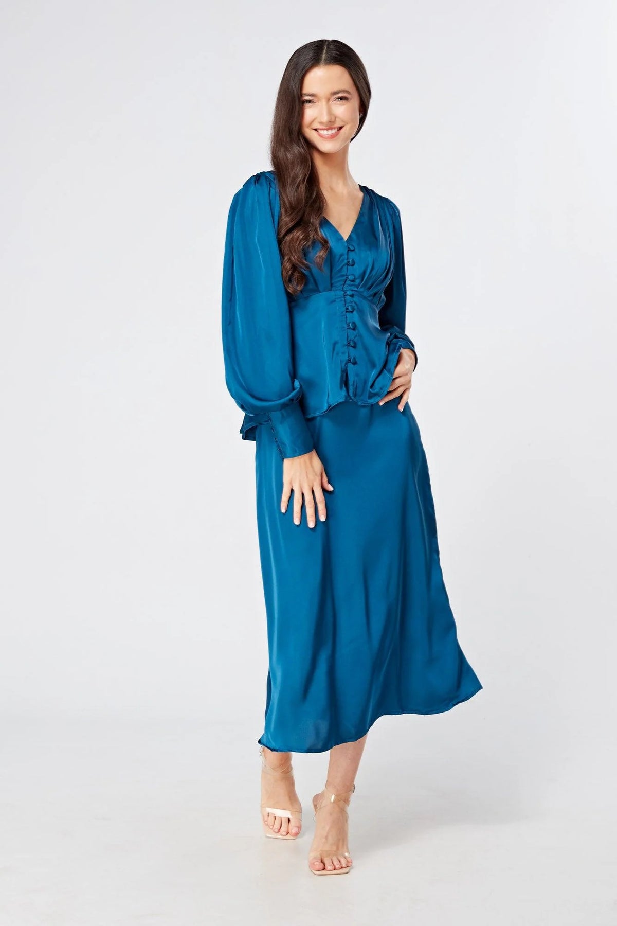 Elisa blue satin buttoned blouse