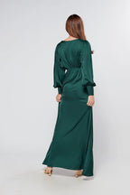 Layla Emerald Green Satin Maxi Dress With Long Sleeves