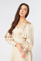 Gabriella Ivory Cream Maxi Satin Dress With Long Sleeves