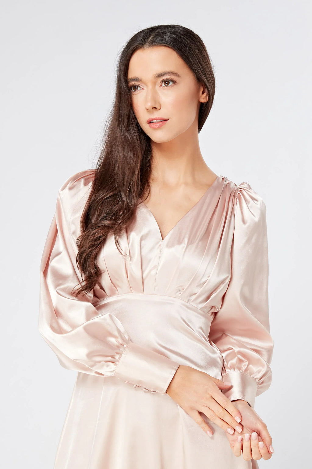 Rosetta Rose Satin Midi Dress With Long Sleeves