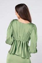 Elisa Olive Green Crepe Satin Buttoned Blouse