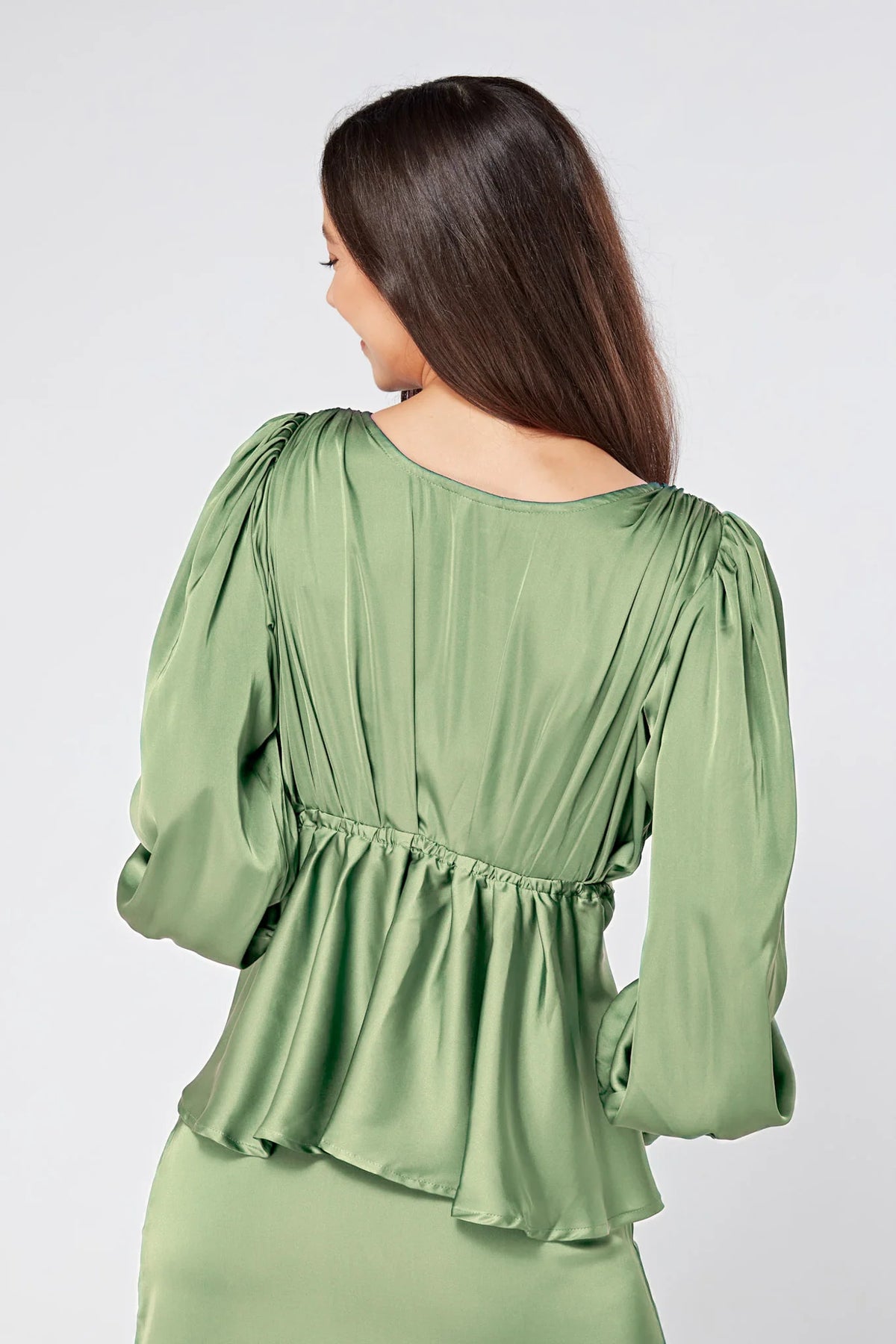 Elisa Olive Green Crepe Satin Buttoned Blouse