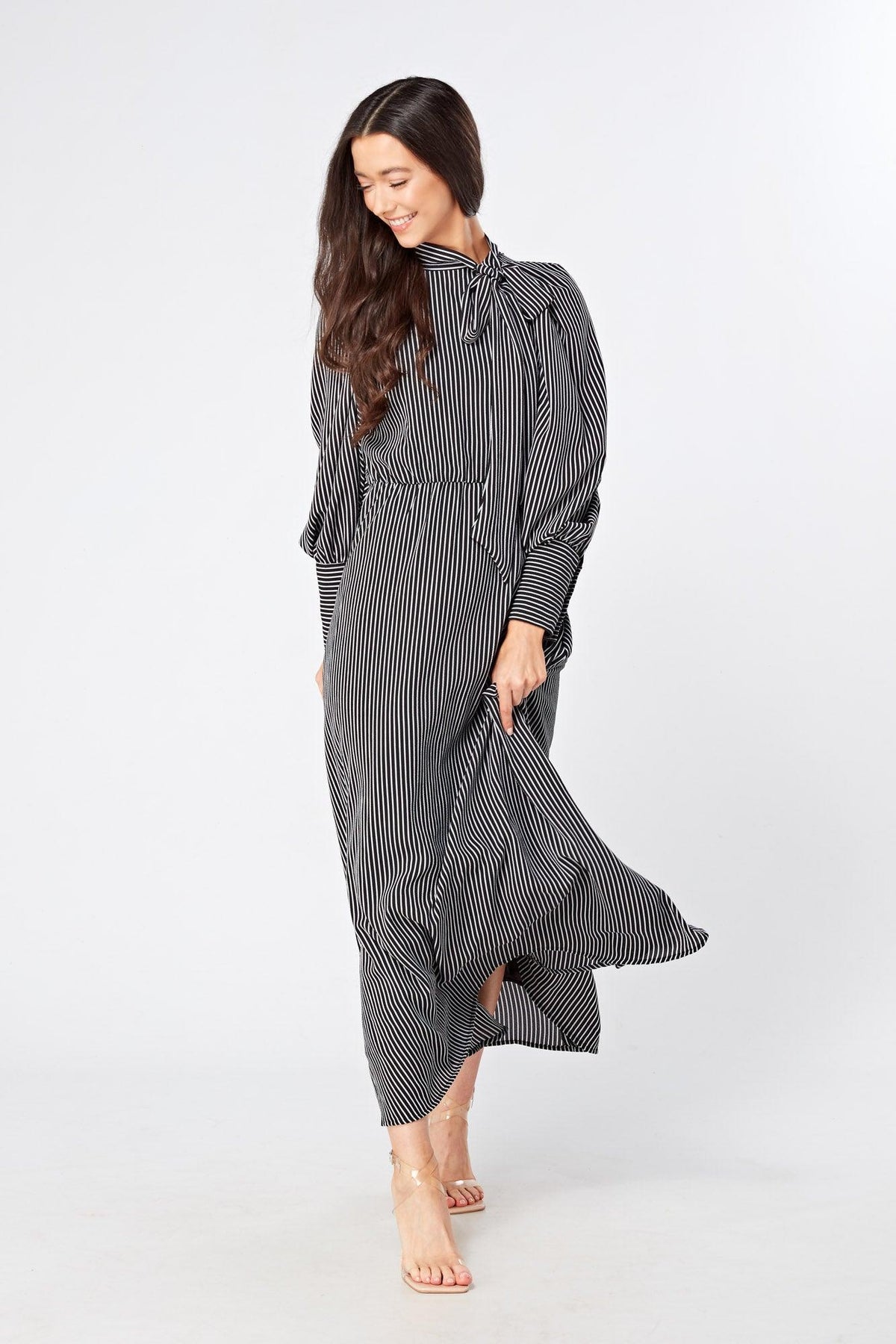 Lilia High Neck Pussybow Black And White Maxi Dress