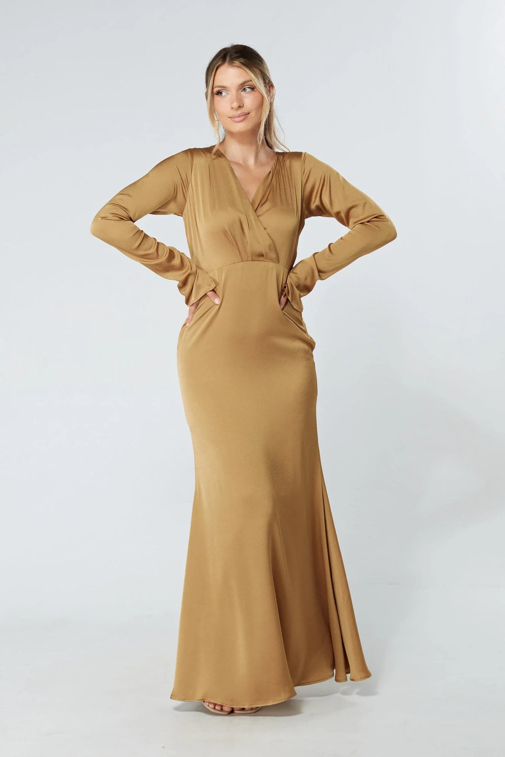 Alessandra Gold Satin Crepe Maxi Dress