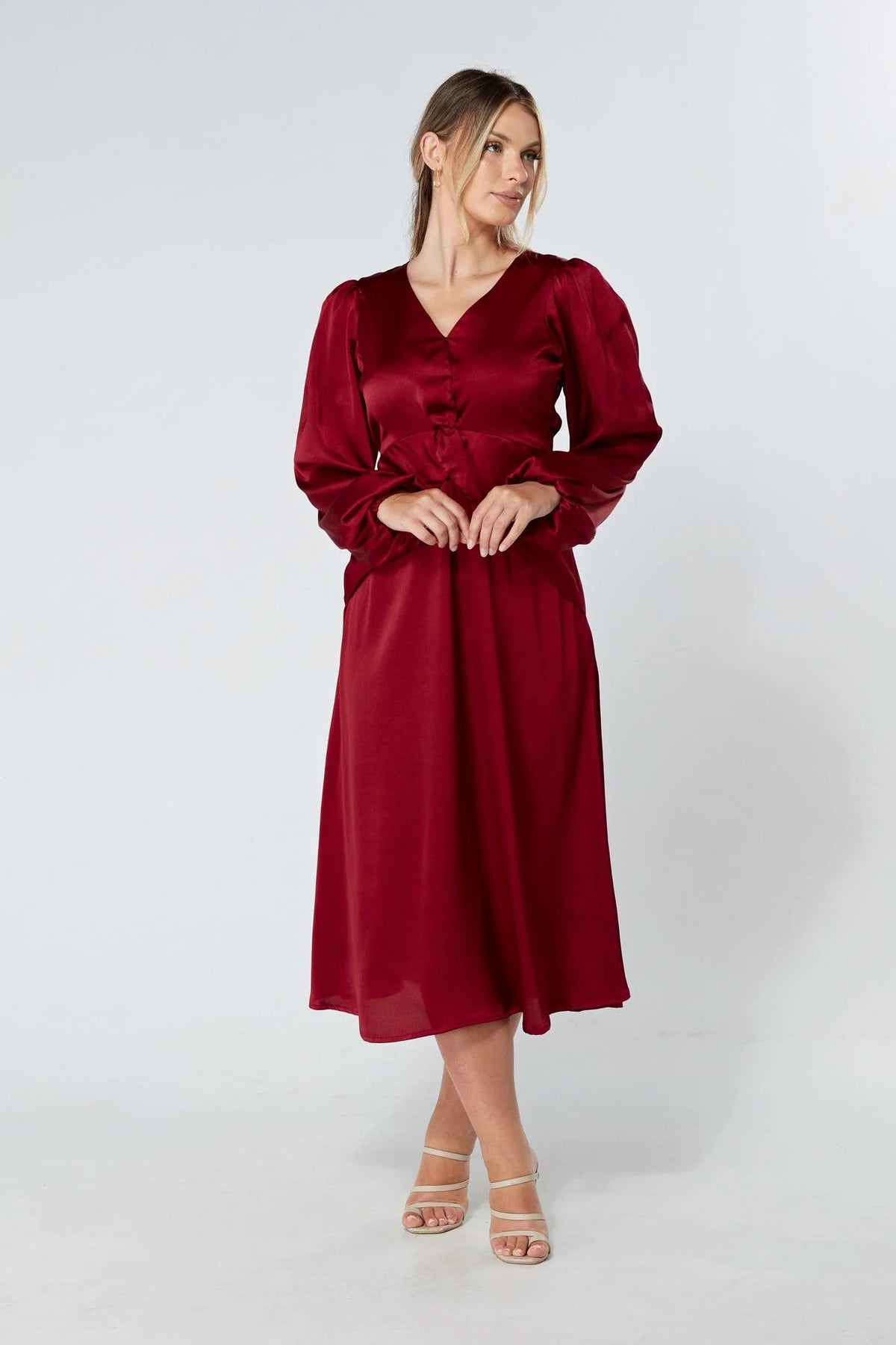 Calissa Deep Red Satin Midaxi Dress
