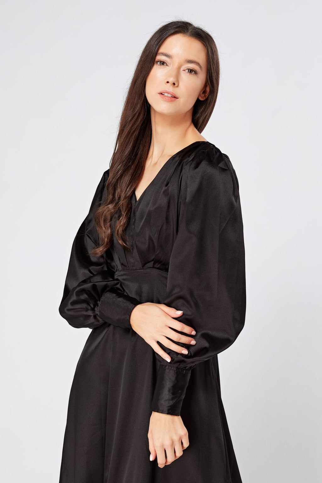 Colette Black Satin Maxi Gown with long sleeves