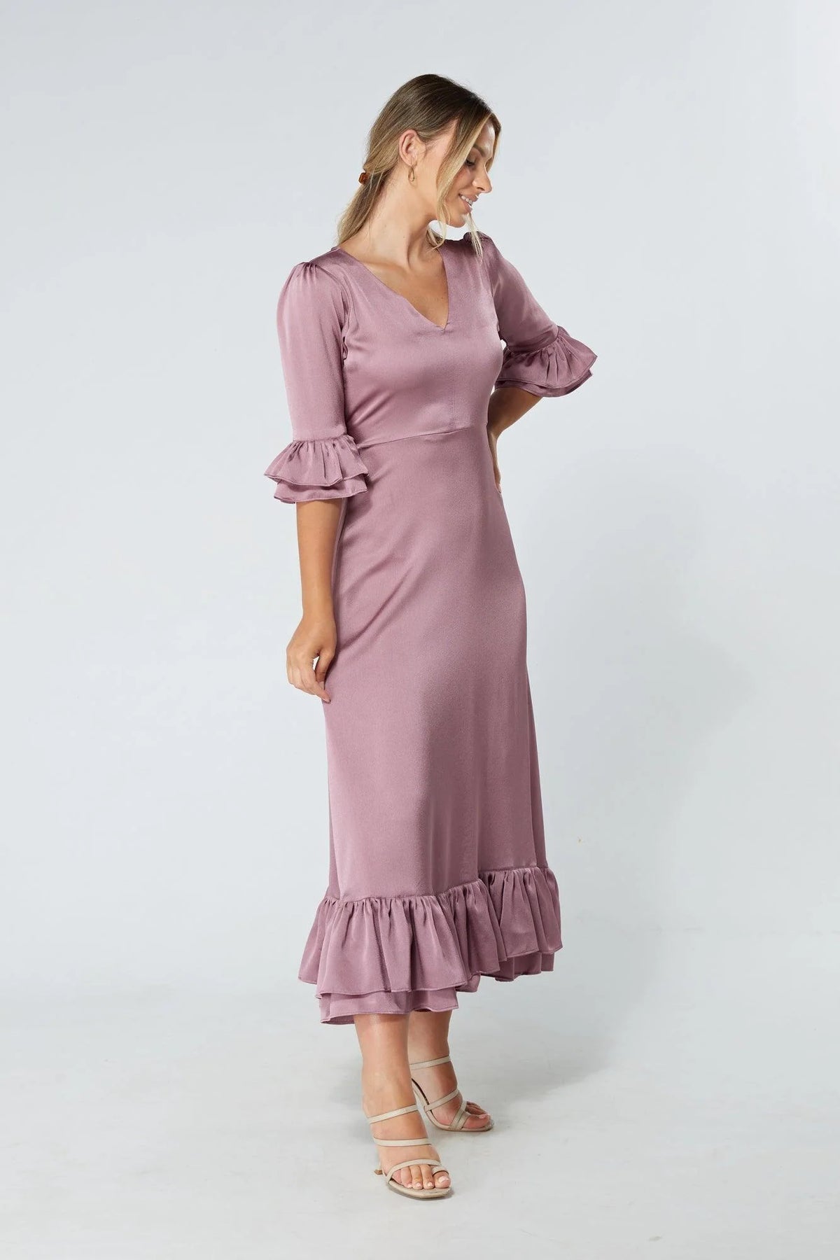 Francesca Satin Feel Lilac Midaxi Dress