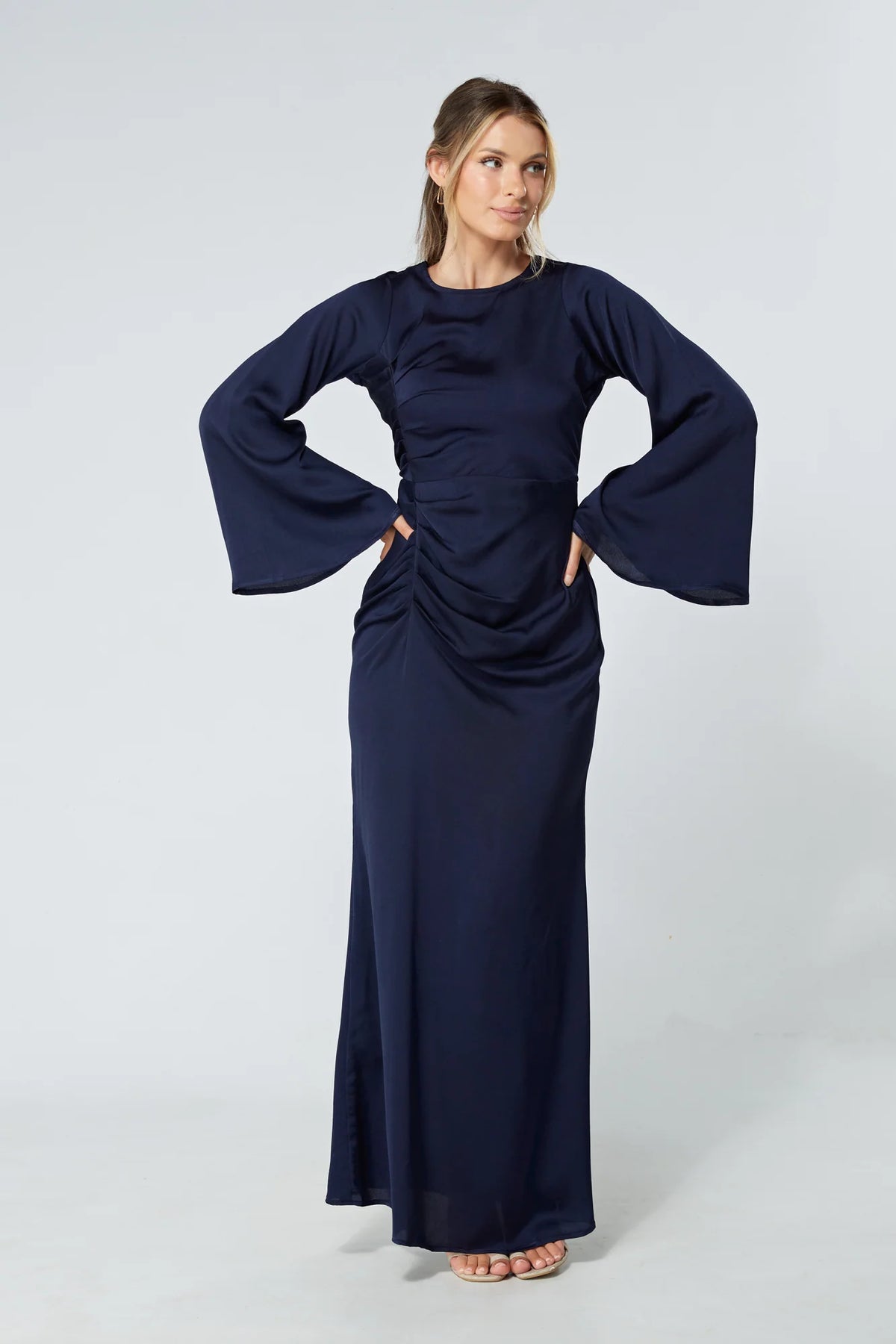 Malika Navy Folded Front Kimono Sleeves Maxi Dress
