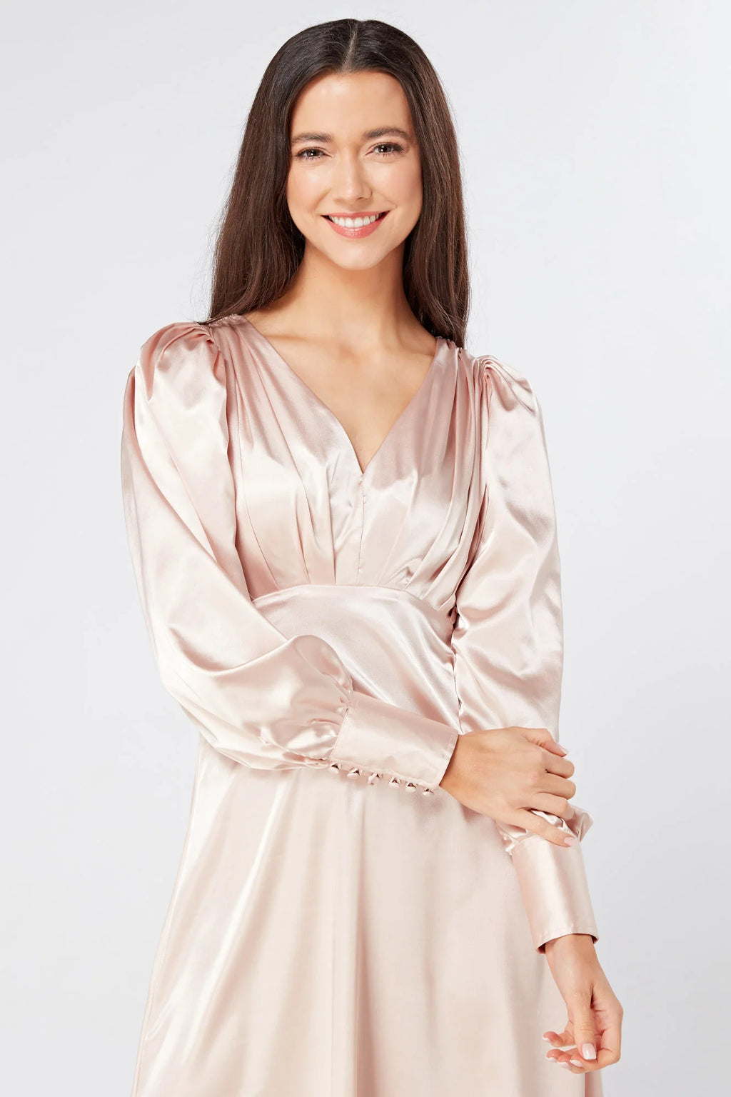 Rosetta Rose Satin Midi Dress With Long Sleeves