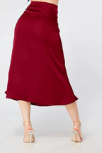 Elisa Deep Red Satin Midi Skirt