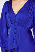Elisa Cobalt Blue Crepe Satin Buttoned Blouse