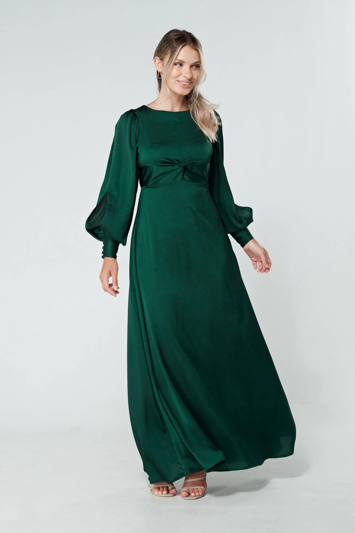 Lila Dark Green Knotted Front Soft Crepe Maxi Dress
