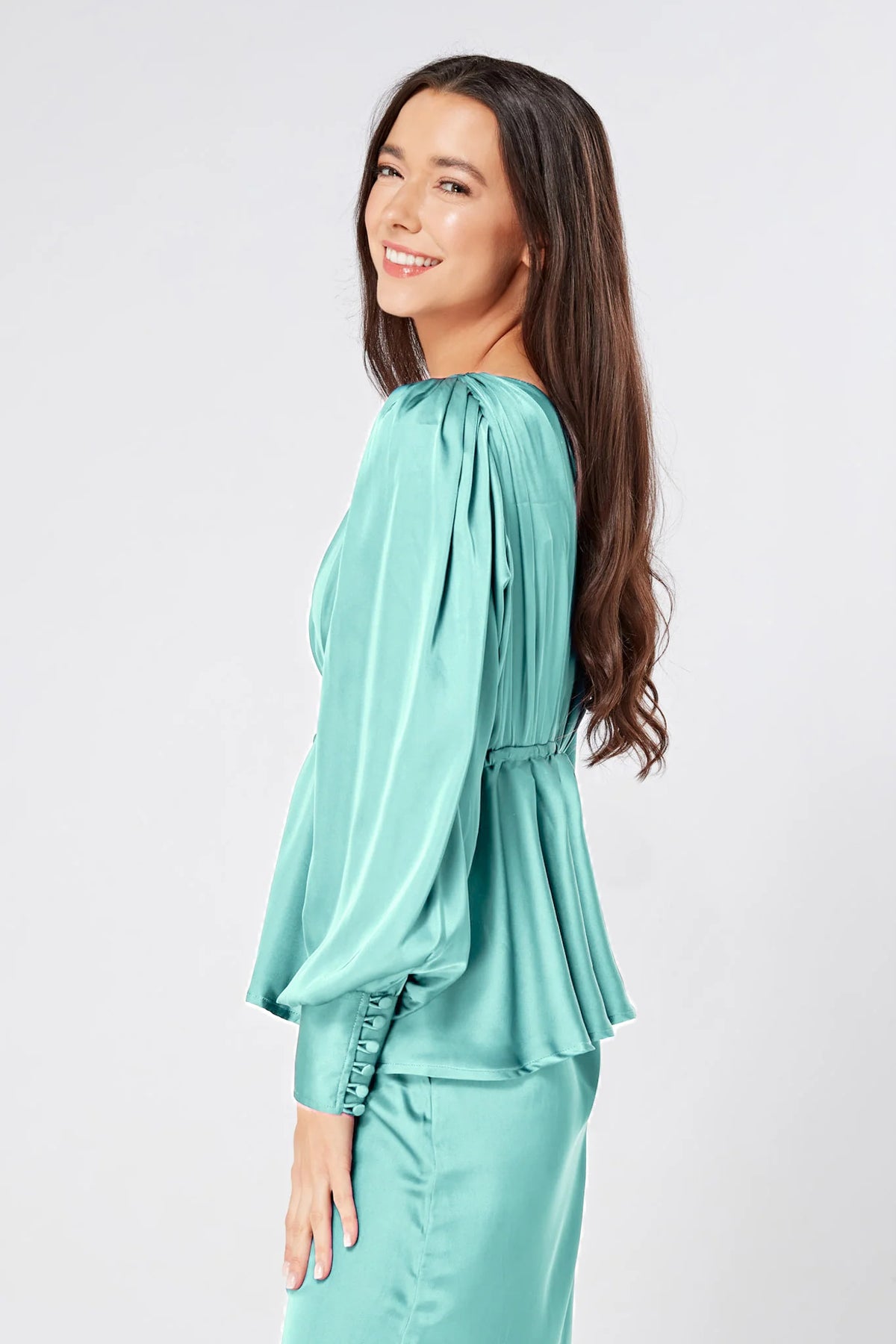 Elisa Aqua Crepe Satin Buttoned Blouse