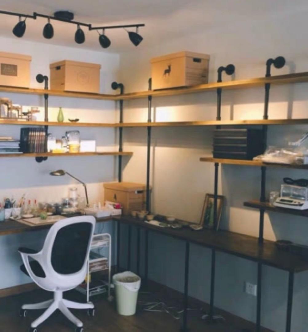 PIPER Modern Industrial Solid Wood Study Table + Shelves